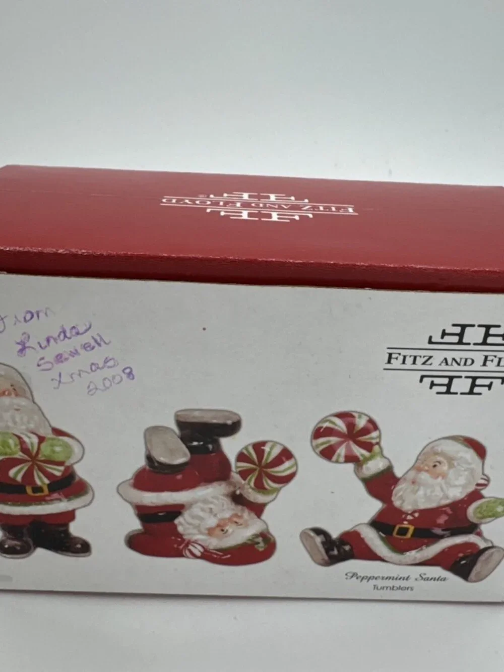 Vintage Fitz & Floyd Peppermint Santa Tumblers Miniature Ceramic Figures 2 inch